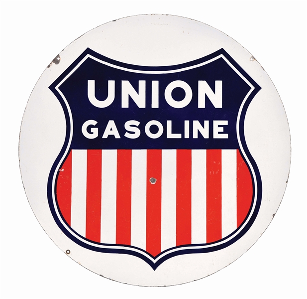 RARE UNION GASOLINE PORCELAIN SERVICE STATION SIGN W/ EARLY SHIELD GRAPHIC. 