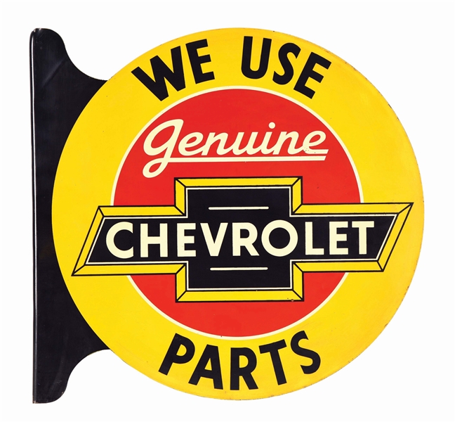 CHEVROLET GENUINE PARTS TIN FLANGE SIGN W/ BOW TIE GRAPHIC. 