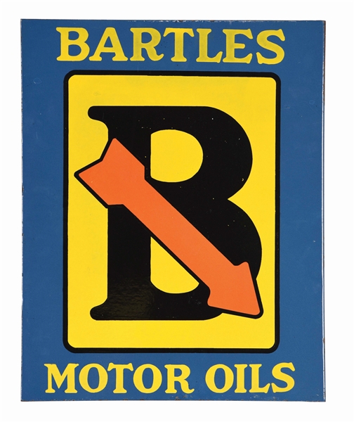 RARE BARTLES MOTOR OILS PORCELAIN FLANGE SIGN W/ ARROW GRAPHIC. 