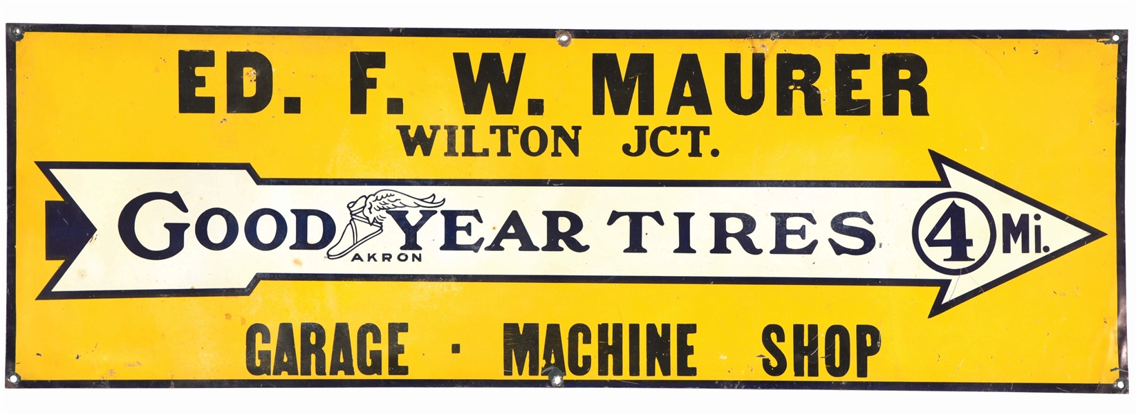 GOODYEAR TIRES TIN TACKER SIGN W/ WINGED FOOT & ARROW GRAPHIC. 