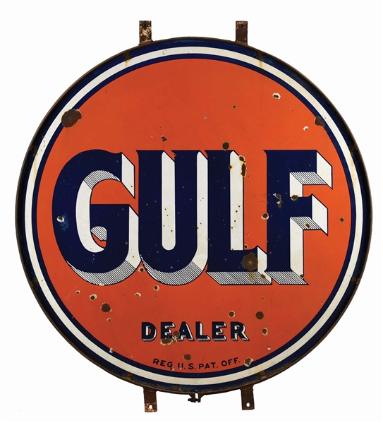 Lot Detail - GULF GASOLINE DEALER PORCELAIN SIGN W/ ORIGINAL RING.