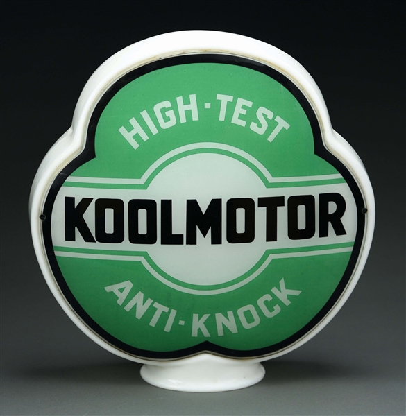 KOOLMOTOR HIGH TEST ANTI KNOCK GASOLINE COMPLETE GLOBE ON ORIGINAL MILK GLASS CLOVERLEAF BODY. 