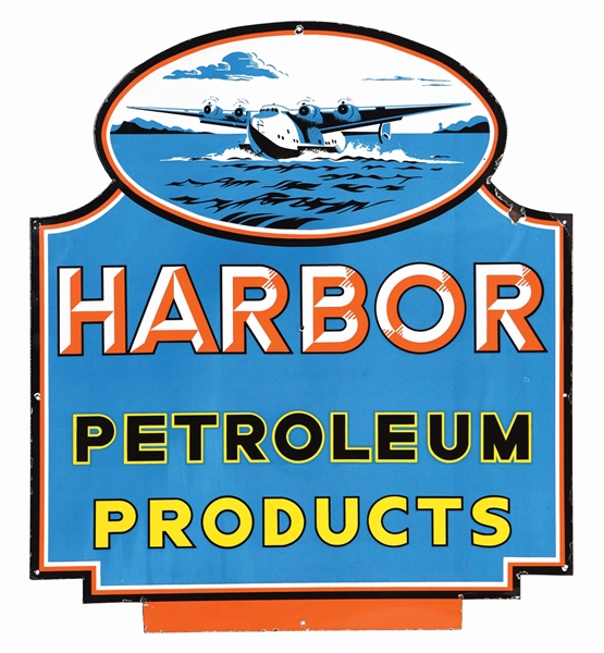 RARE & OUTSTANDING HARBOR PETROLEUM PRODUCTS PORCELAIN SIGN W/ AIRPLANE GRAPHICS. 