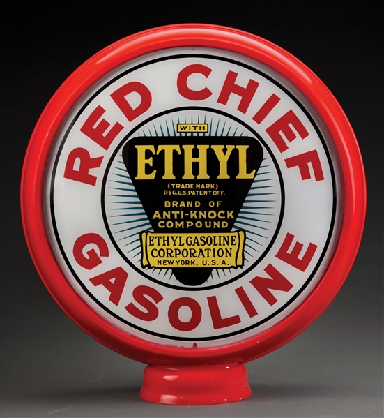 RED CHIEF ETHYL GASOLINE SINGLE 15" GLOBE LENS ON METAL BODY. 