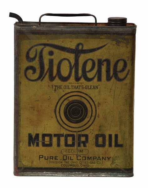 TIOLENE MOTOR OIL ONE GALLON FLAT CAN W/ BULLSEYE GRAPHIC. 