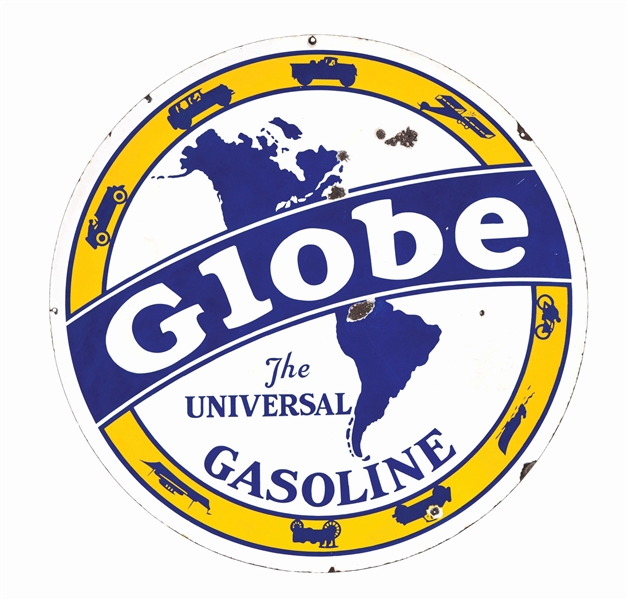 RARE GLOBE GASOLINE PORCELAIN SIGN W/ AIRPLANE, CAR & MOTORCYCLE GRAPHICS. 