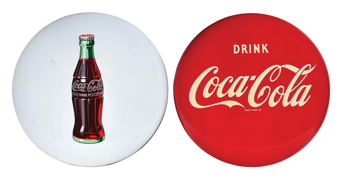 LOT OF 2: COCA-COLA TIN AND PORCELAIN BUTTON SIGNS.