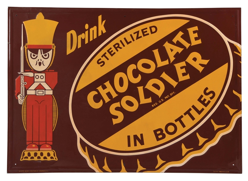 EMBOSSED TIN CHOCOLATE SOLDIER ADVERTISING SIGN.