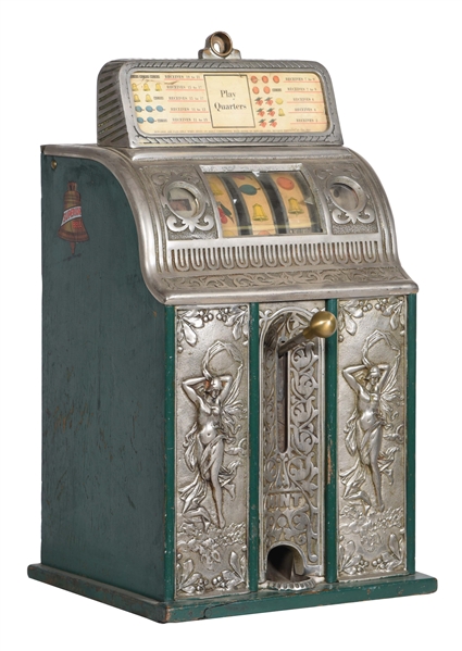 25¢ CAILLE BROS. CENTER PULL VICTORY BELL NUDE BELL SLOT MACHINE. 