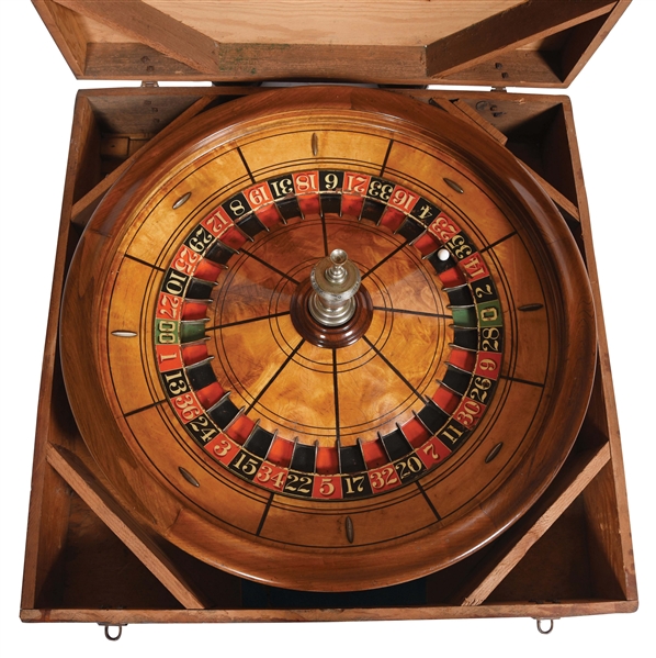 EARLY GEO. MASON & CO. TRAVELING ROULETTE WHEEL WITH ORIGINAL SHIPPING CRATE.