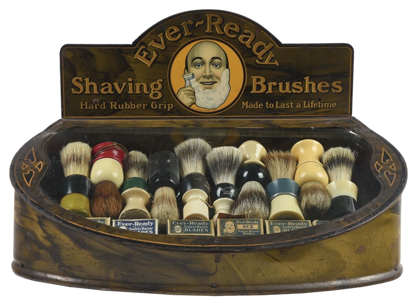 EARLY EVER-READY SHAVING BRUSHES COUNTER TOP ADVERTISING DISPLAY.