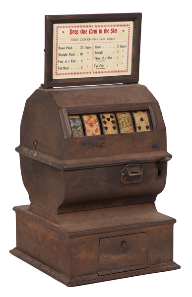 VERY RARE 1¢ CAST-IRON POKER MACHINE OF UNKNOWN MANUFACTURE.