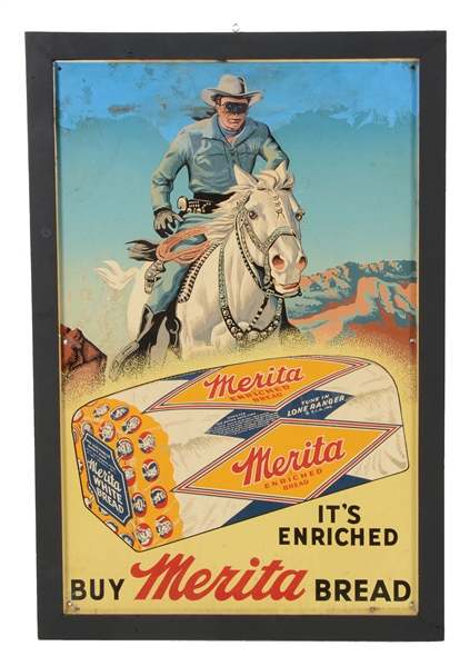 LONE RANGER MERIATA BREAD SELF-FRAMED TIN ADVERTISING SIGN.