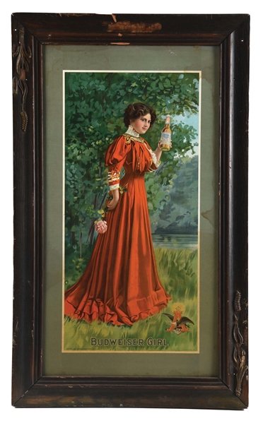 ANHEUSER BUSCH BUDWEISER GIRL LITHOGRAPH PAPER SIGN.