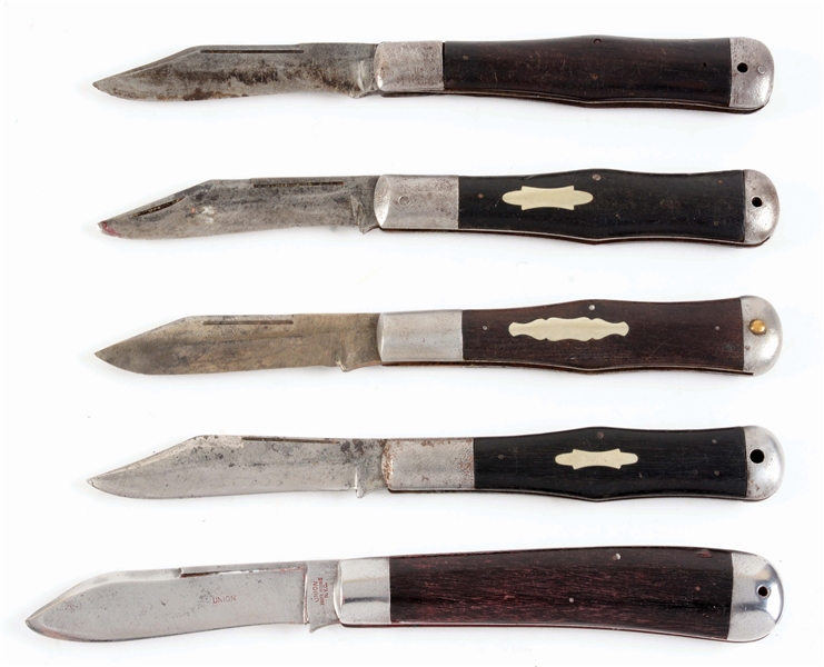 LOT OF 5: EARLY 20TH CENTURY ONE BLADE FOLDING HUNTERS BY VARIOUS MAKERS.