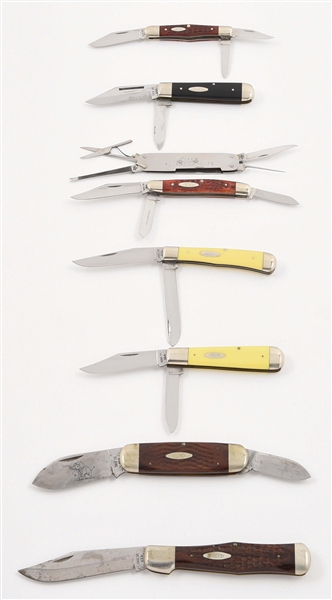 LOT OF 8: CASE 1970S 1-2 AND 3 BLADE FOLDING KNIVES.