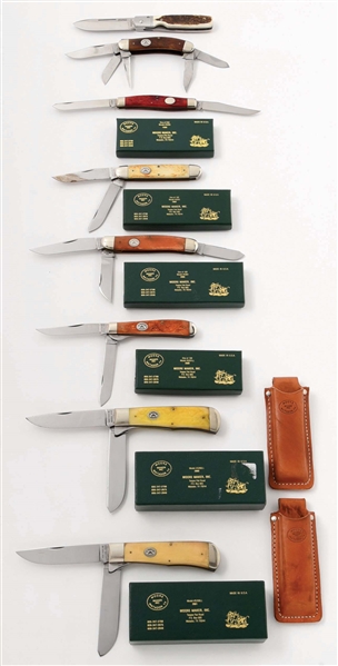 LOT OF 8: CONTEMPORARY MOORE MATADOR TX. BONE HANDLED FOLDERS IN 1-2-3-5 BLADE PATTENS SOME WITH BOXES AND LEATHER BELT SHEATHS.