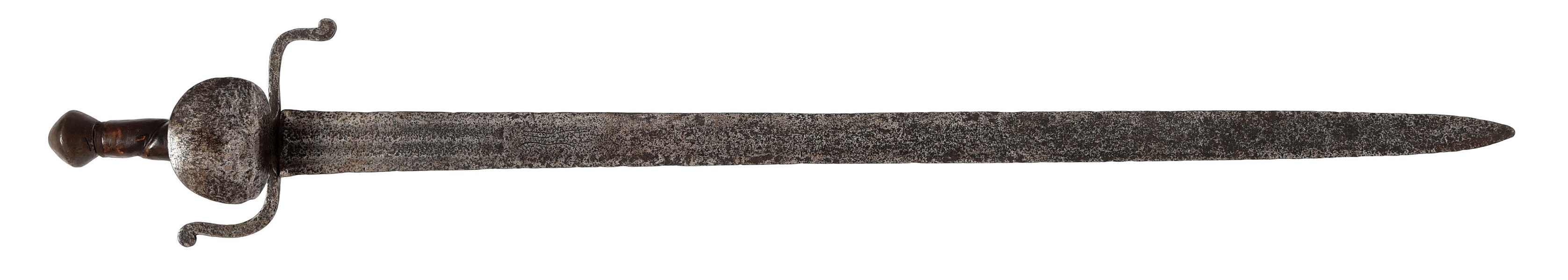 EARLY COMPOSITE HAND AND A HALF CLAMSHELL GUARD SWORD WITH BLADE MARKED "FERARA".