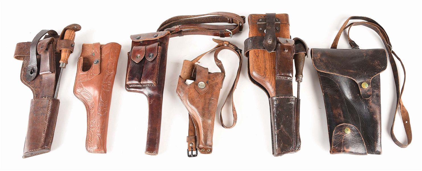 LOT OF 6: BROOMHANDLE PISTOL AND MISCELLANEOUS HOLSTERS. 