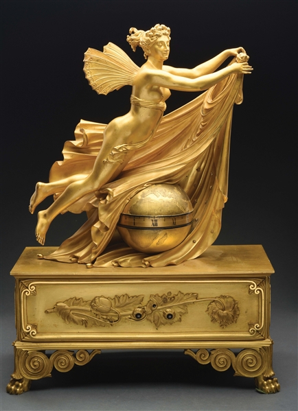 UNUSUAL GOLD DORE BRONZE CLOCK WITH ANGEL & GLOBE. 