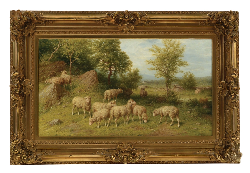 GEORGE RIECKE (AMERICAN, 1848-1930) SHEEP IN A WOODED LANDSCAPE. 