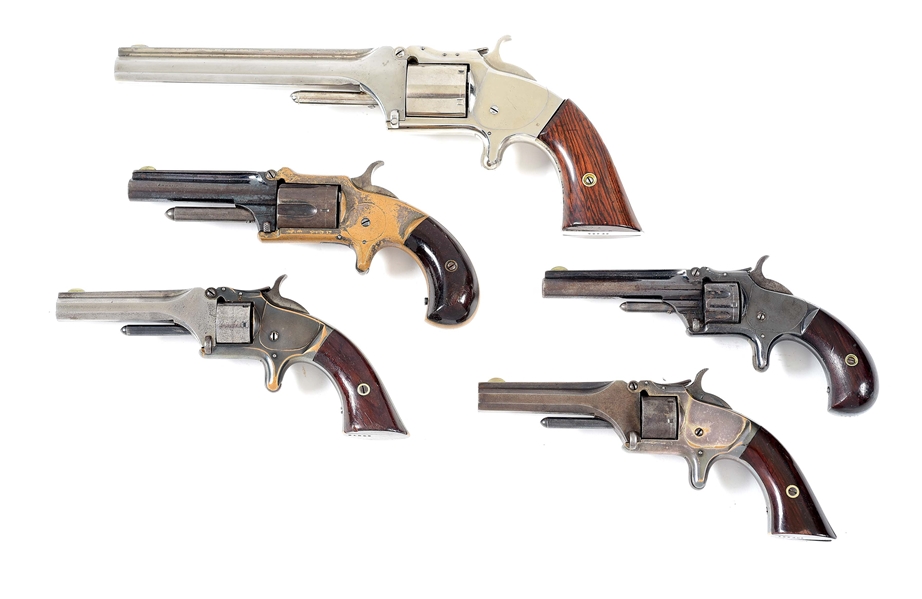 (A) LOT OF FIVE: FOUR SMITH AND WESSON AND ONE MARLIN SINGLE ACTION SPUR TRIGGER REVOLVERS.