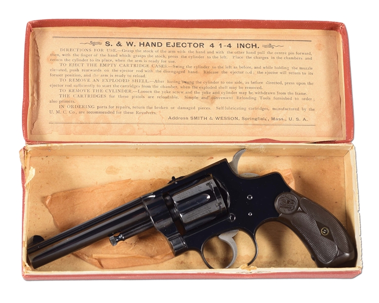 (C) FINEST EXAMPLE KNOWN OF THE SMITH & WESSON 1ST MODEL HAND EJECTOR DOUBLE ACTION IN ITS ORIGINAL BOX.
