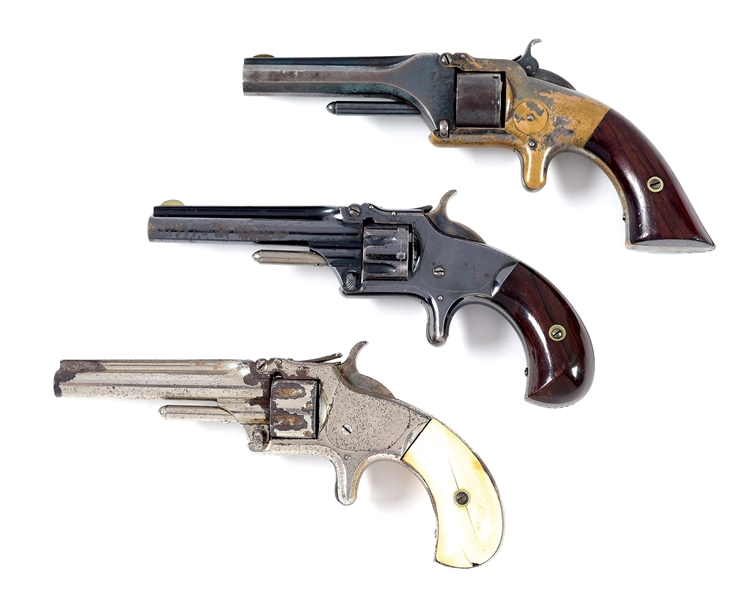 (A) LOT OF 3: SMITH AND WESSON MODEL 1 SINGLE ACTION .22 RF REVOLVERS.