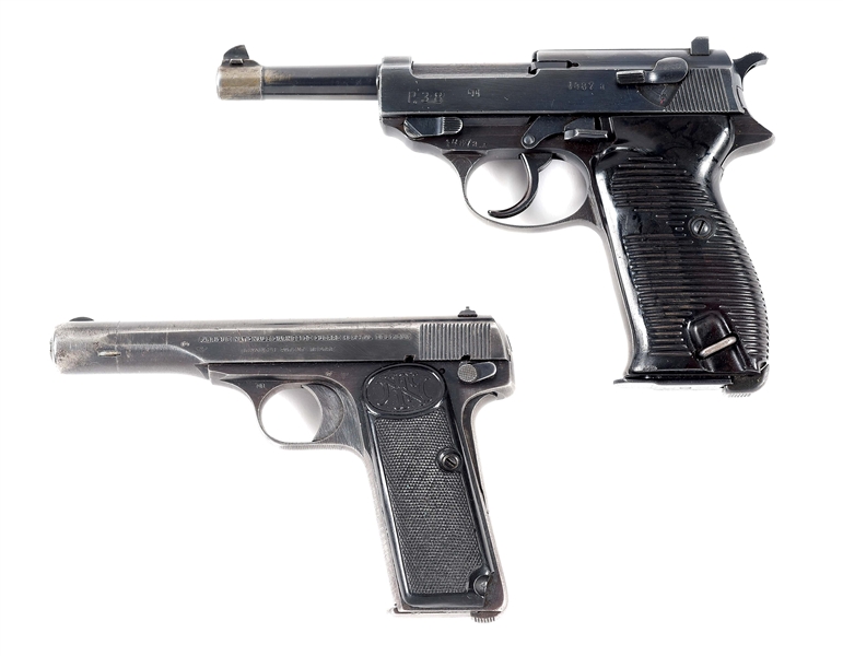 (C) LOT OF 2: CYQ SPREEWORK 9MM P.38 SEMI-AUTOMATIC PISTOL WITH HOLSTER AND AN FN 1910/22 7.65MM SEMI-AUTOMATIC PISTOL.