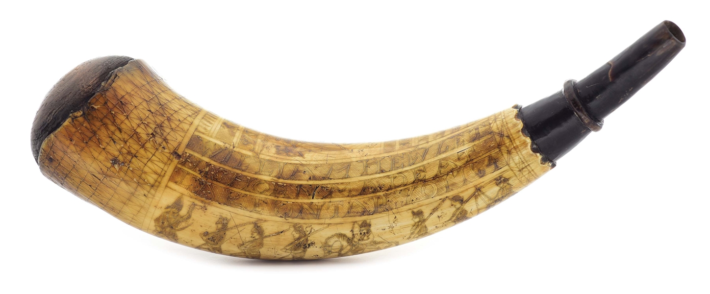 1764 DATED ENGRAVED POWDER HORN OF WILLIAM HEWLET WITH RELATED DOCUMENT