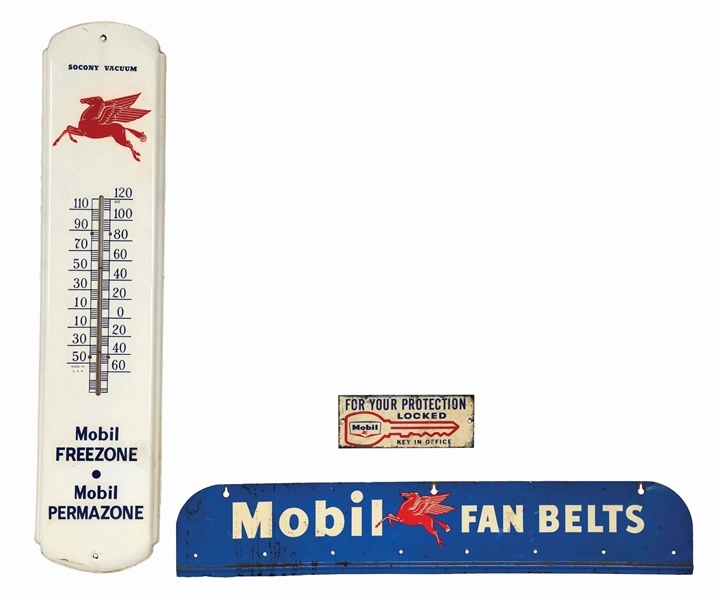 LOT OF THREE: MOBIL GASOLINE TIN SIGNS & THERMOMETER.