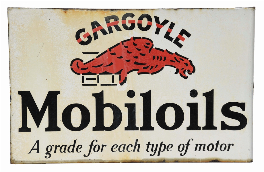 MOBIL GARGOYLE MOTOR OIL PORCELAIN FLANGE SIGN W/ GARGOYLE GRAPHIC. 
