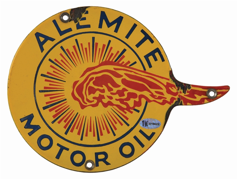 ALEMITE MOTOR OIL DIE CUT PORCELAIN LUBSTER SIGN. 