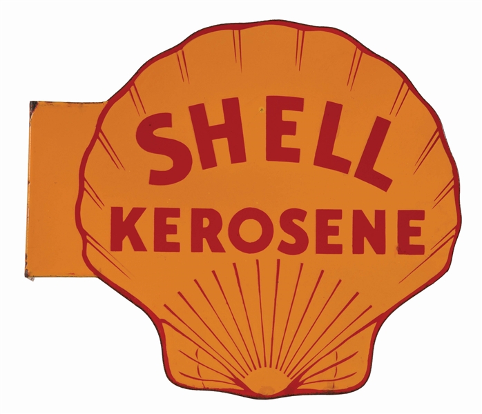 RARE SHELL KEROSENE DIE CUT PORCELAIN FLANGE SIGN. 