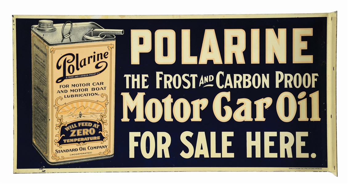 POLARINE MOTOR OIL TIN FLANGE SIGN W/ OIL CAN GRAPHIC. 