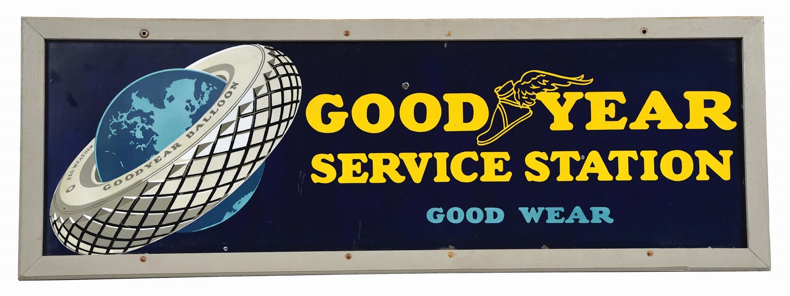 GOODYEAR SERVICE STATION PORCELAIN SIGN W/ TIRE & GLOBE GRAPHIC AND ADDED WOOD FRAME. 