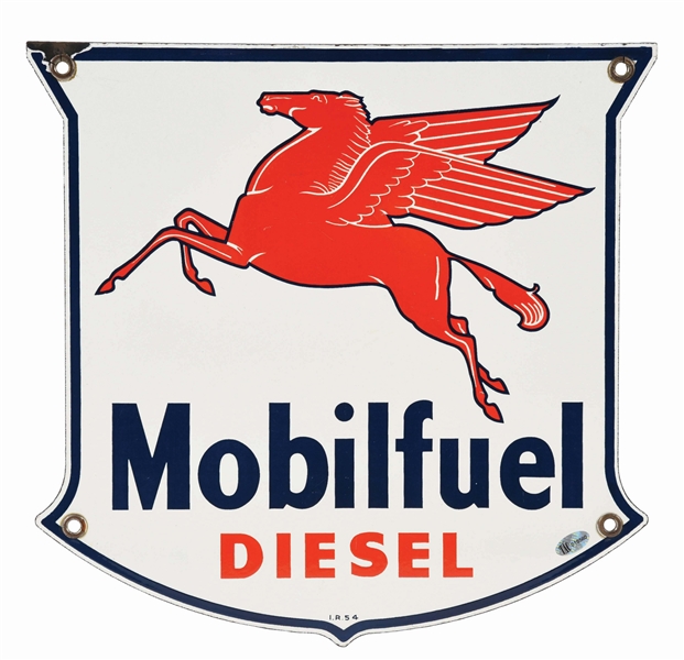 MOBIL GASOLINE MOBILFUEL DIESEL PORCELAIN PUMP SIGN W/ PEGASUS GRAPHIC. 