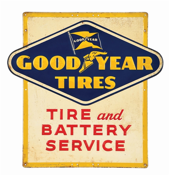 GOODYEAR TIRE & BATTERY SERVICE EMBOSSED TIN SIGN. 