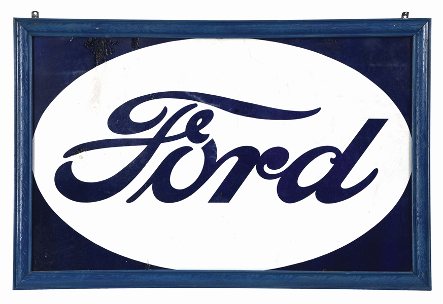 FORD PORCELAIN SIGN W/ OVAL & FORD SCRIPT MOUNTED IN WOODEN FRAME. 