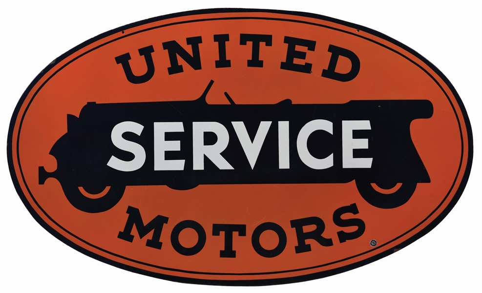 LARGE UNITED MOTORS SERVICE PORCELAIN SIGN W/ CAR GRAPHIC. 