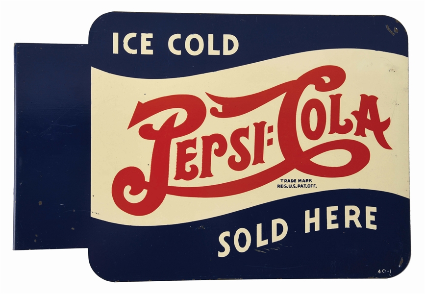 ICE COLD PEPSI COLA SOLD HERE DOUBLE DOT TIN FLANGE SIGN.