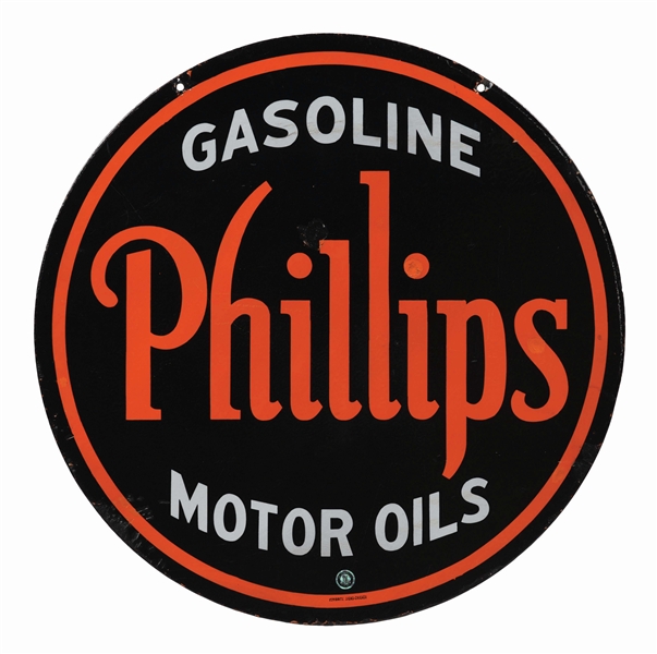 RARE PHILLIPS GASOLINE & MOTOR OILS PORCELAIN CURB SIGN. 