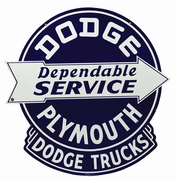 DODGE, DODGE TRUCKS & PLYMOUTH DEPENDABLE SERVICE DIE CUT PORCELAIN SIGN. 