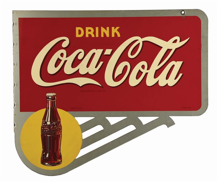 DRINK COCA COLA DIE CUT TIN FLANGE SIGN W/ BOTTLE GRAPHIC. 