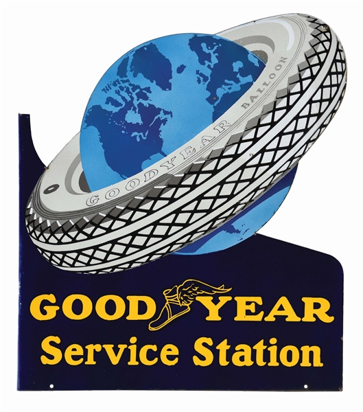 GOODYEAR TIRES DIE CUT PORCELAIN SERVICE STATION SIGN W/ TIRE & GLOBE GRAPHIC. 