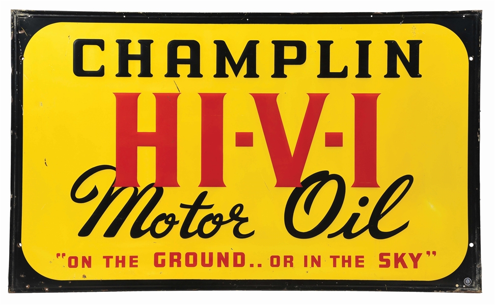 CHAMPLIN HI-VI MOTOR OIL EMBOSSED TIN SIGN W/ WOOD FRAME. 