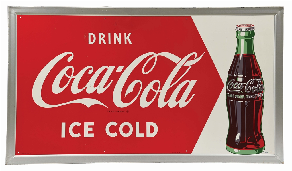 OUTSTANDING DRINK COCA COLA TIN SIGN W/ BOTTLE GRAPHIC & EMBOSSED SELF FRAMED EDGE. 