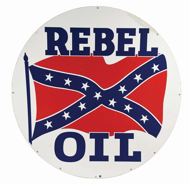REBEL OIL PORCELAIN SERVICE STATION SIGN W/ CONFEDERATE GRAPHIC.