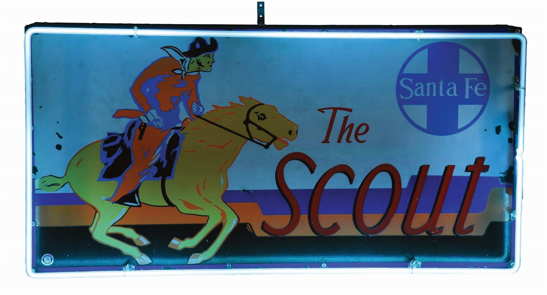 THE SANTA FE SCOUT PORCELAIN SIGN W/ ADDED NEON BORDER. 