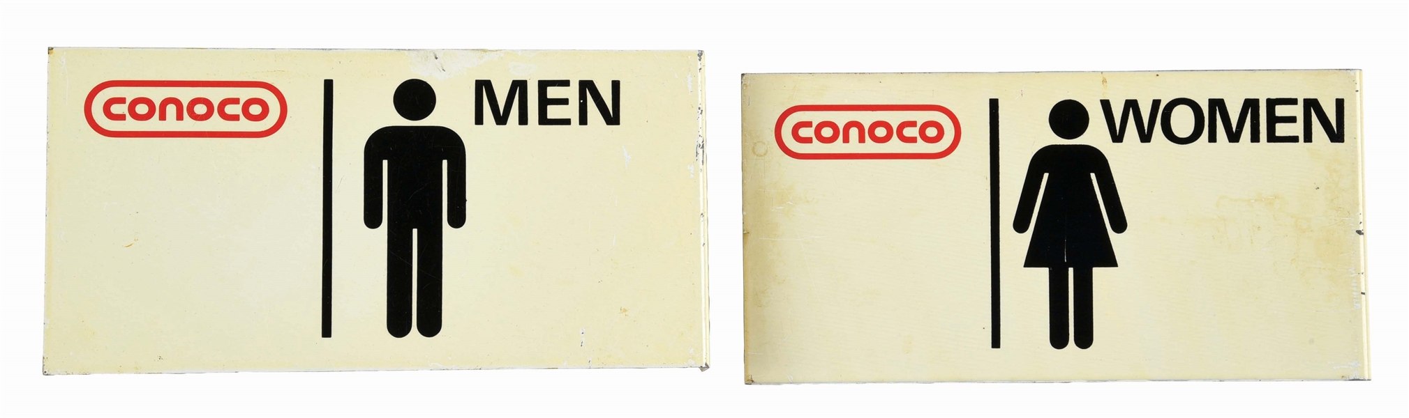 CONOCO GASOLINE SERVICE STATION MEN & WOMENS RESTROOM TIN FLANGE SIGNS. 